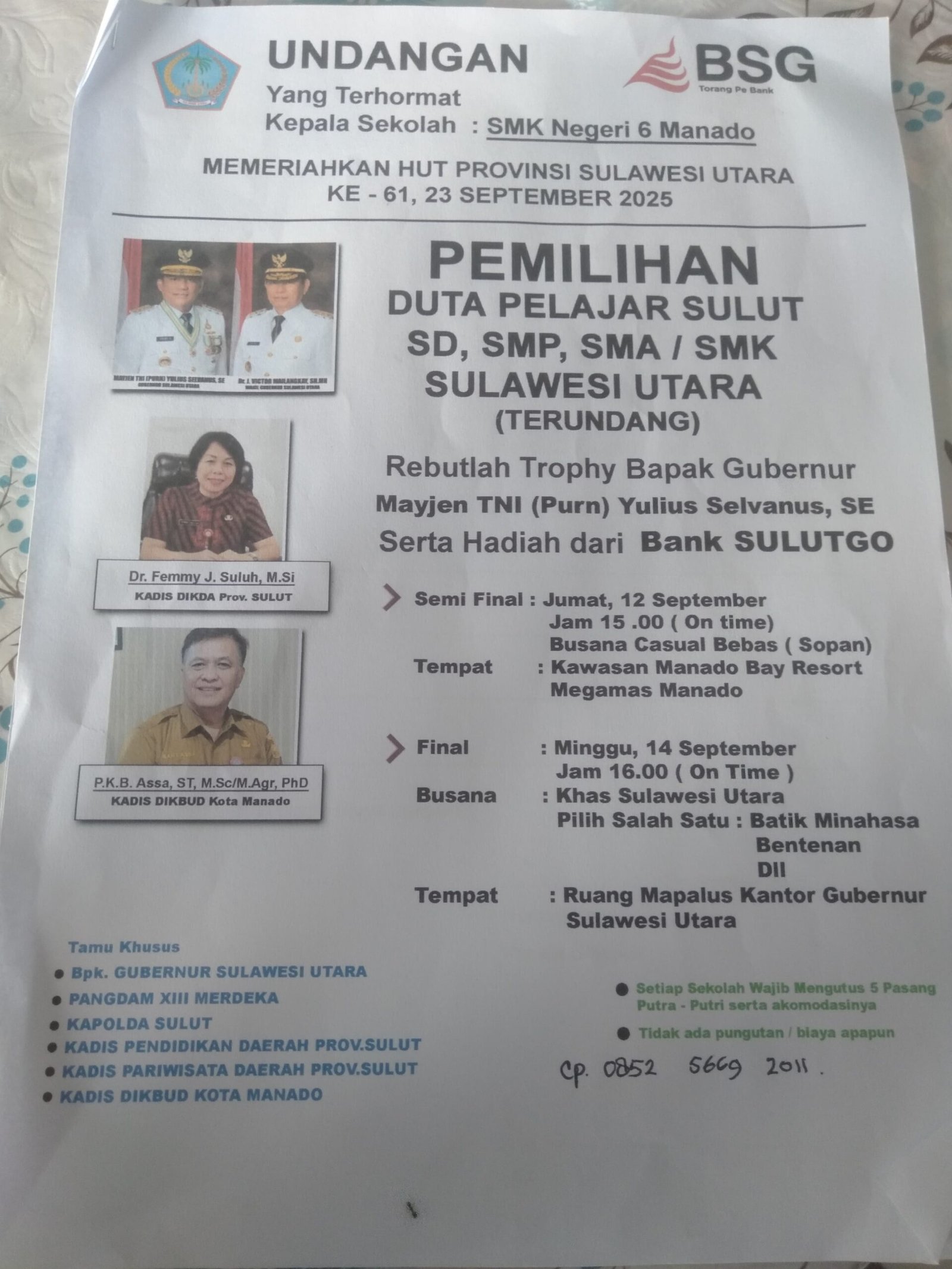 Pemprov Sulut melalui Juru Bicaranya Denny Mangala yang adalah Asisten 1 dan Plt. Kadis Kominfo Pemprov Sulut mengeluarkan klarifikasi resmi mengenai Pemilihan Duta Pelajar Sulut.